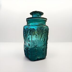 VINTAGE L.E. SMITH AQUA TEAL BLUE GLASS ATTERBURY SCROLL CANISTER APOTHECARY JAR
